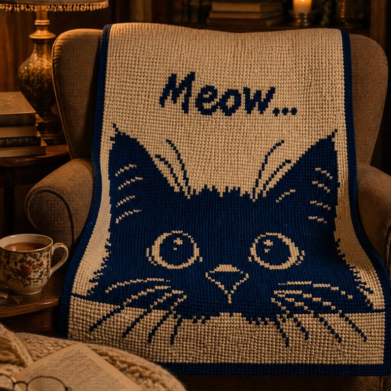 May include: A navy blue and cream-colored throw blanket with a cat face design. The blanket features the word "Meow..." in navy blue letters above the cat's face. The cat's face is navy blue with cream-colored accents. The blanket is draped over a chair.