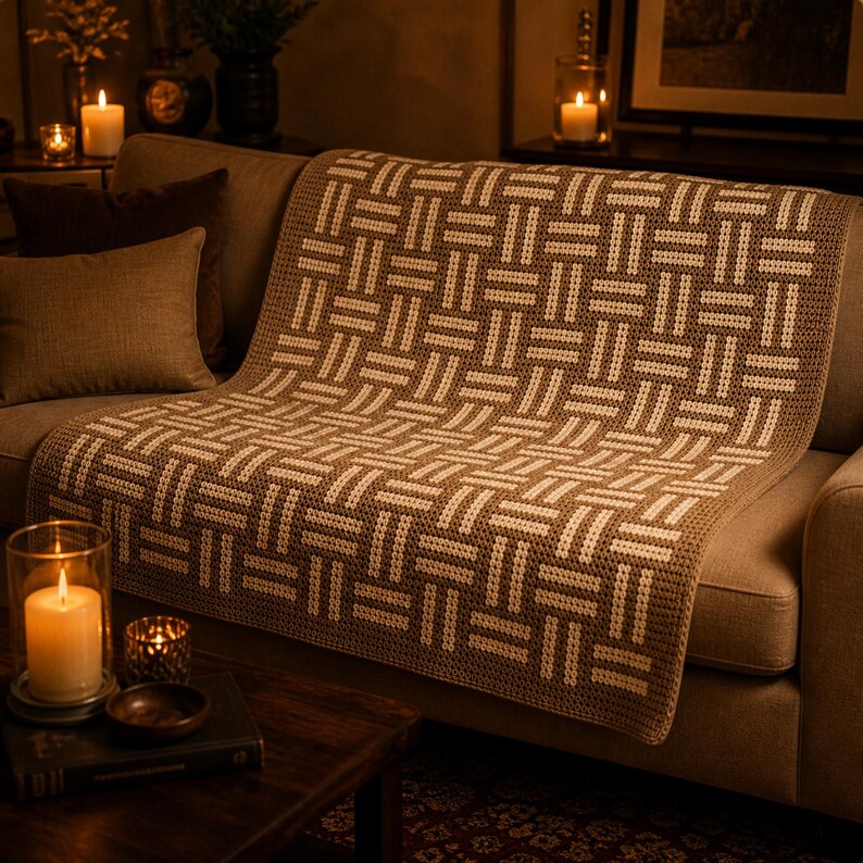May include: A brown and cream-colored crocheted blanket with a geometric pattern is draped over a sofa. The blanket's design features a repeating woven-like motif. The sofa has two throw pillows and is in a cozy living room setting.