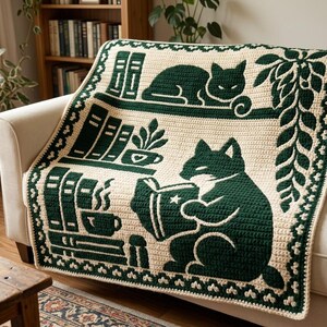 May include: A cream-colored crochet blanket featuring dark green motifs of cats, books, and potted plants. The design includes a cat resting on a shelf, a cat reading a book, stacks of books, and a trailing vine border around the edges.