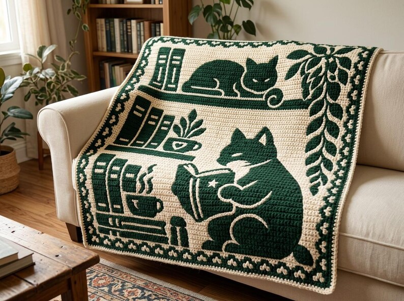 May include: A cream-colored crochet blanket featuring dark green motifs of cats, books, and potted plants. The design includes a cat resting on a shelf, a cat reading a book, stacks of books, and a trailing vine border around the edges.