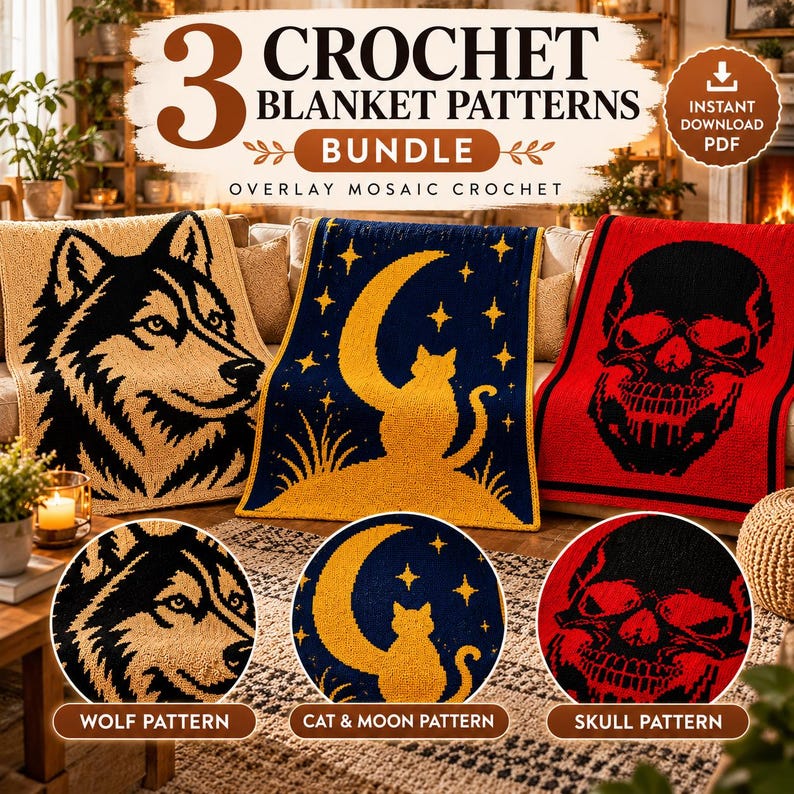 May include: A bundle of 3 crochet blanket patterns featuring a wolf, a cat with a moon and stars, and a skull. The text reads 3 CROCHET BLANKET PATTERNS BUNDLE OVERLAY MOSAIC CROCHET, INSTANT DOWNLOAD PDF, WOLF PATTERN, CAT & MOON PATTERN, SKULL PATTERN.