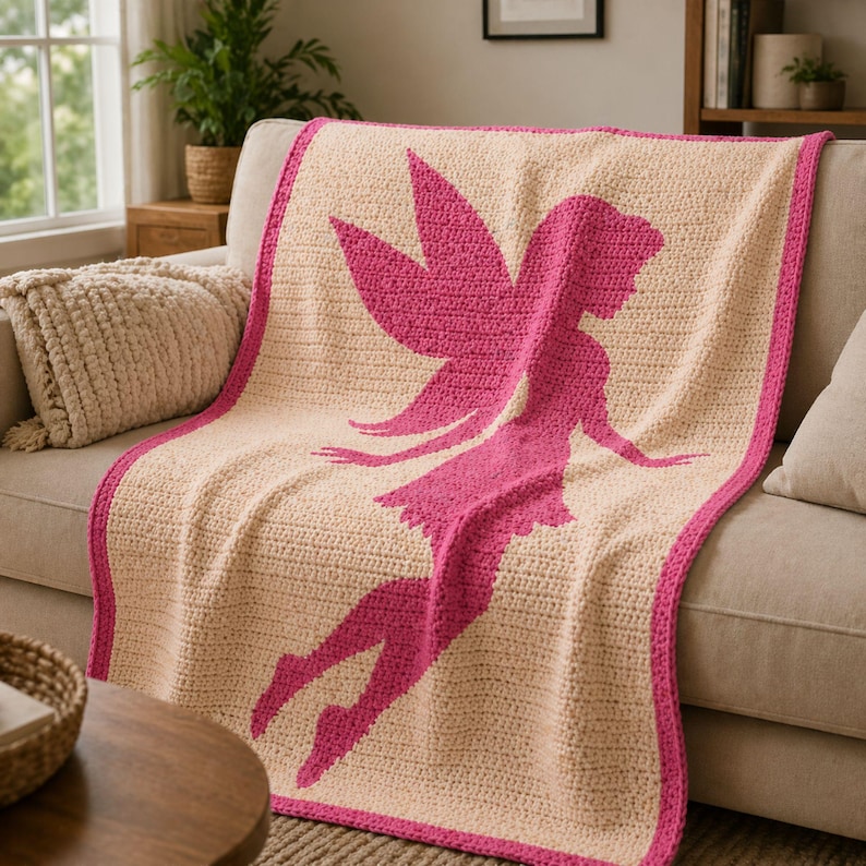 May include: A cream-colored crochet blanket featuring a large pink fairy silhouette. The blanket has a pink border and is draped over a sofa. The fairy design includes wings, a dress, and outstretched arms and legs.