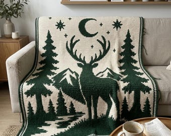 Deer Mosaic Crochet Blanket Pattern PDF | Woodland Scene Afghan Chart | Pine Tree Mountain Nature Throw | Forest Cabin Decor DIY Gift