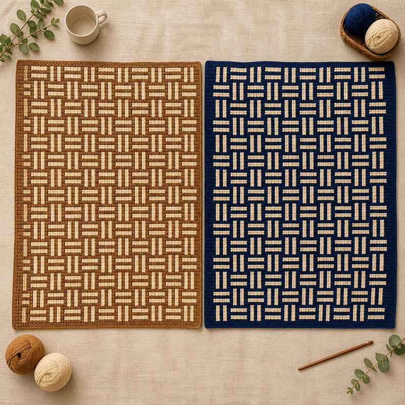 May include: Two rectangular crochet mats with a geometric pattern. One mat is brown and beige, the other is navy blue and beige. The mats are surrounded by yarn balls, a crochet hook, and a mug.