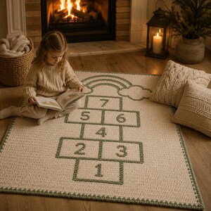 May include: A cream-coloured, rectangular rug with a hopscotch design in green. The rug features a rainbow and cloud design above the numbers 1 to 7. The rug is made of a textured material and has a green border.