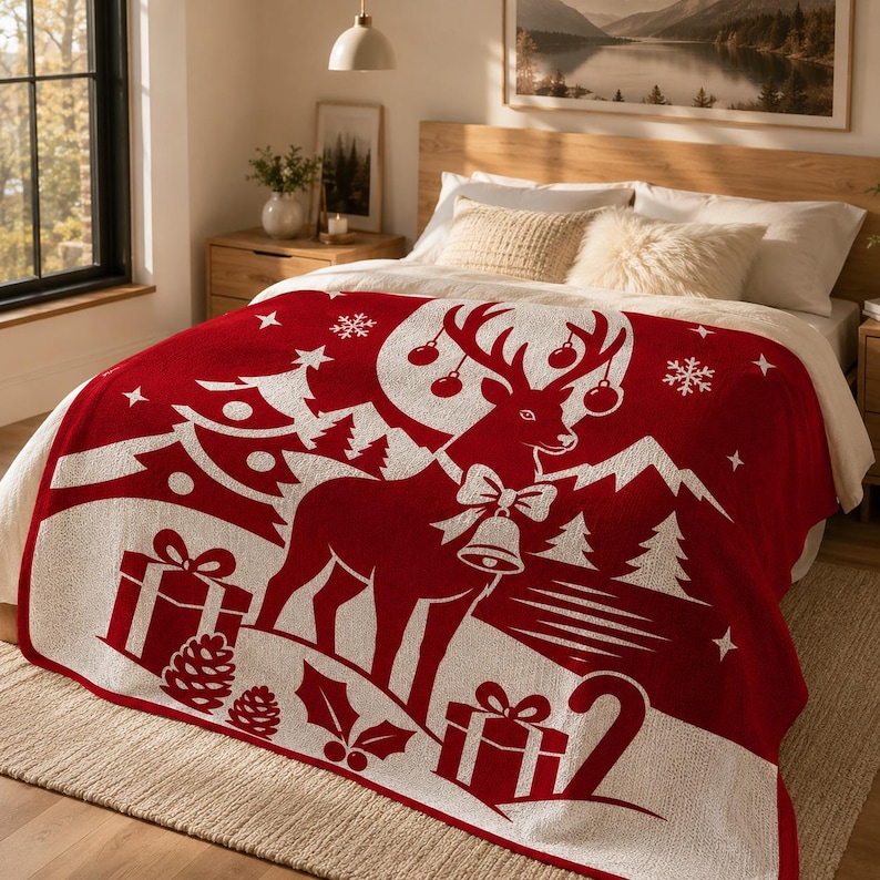 Pode incluir: Uma manta vermelho-escura e branca com um grande gr&aacute;fico de uma rena com uma coleira de sino, rodeada por pinheiros, caixas de presente, flocos de neve e folhas de azevinho. O design inclui ornamentos pendurados nas hastes da rena.