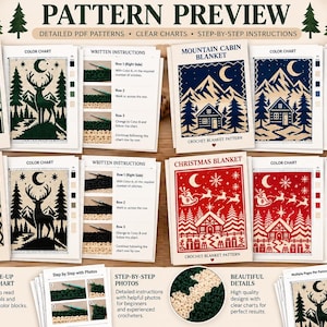 May include: A collection of four crochet blanket patterns titled Forest Deer, Mountain Cabin, Moon Deer, and Christmas Blanket. Each set includes a cover, color chart, and written instructions with step-by-step photos for the designs.