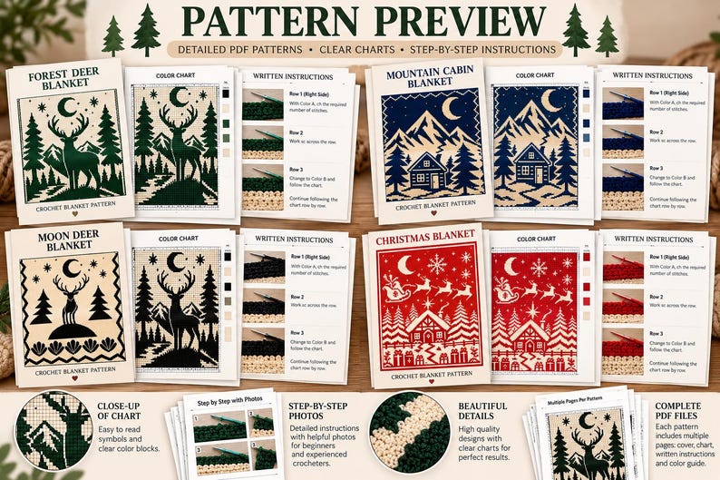 May include: A collection of four crochet blanket patterns titled Forest Deer, Mountain Cabin, Moon Deer, and Christmas Blanket. Each set includes a cover, color chart, and written instructions with step-by-step photos for the designs.