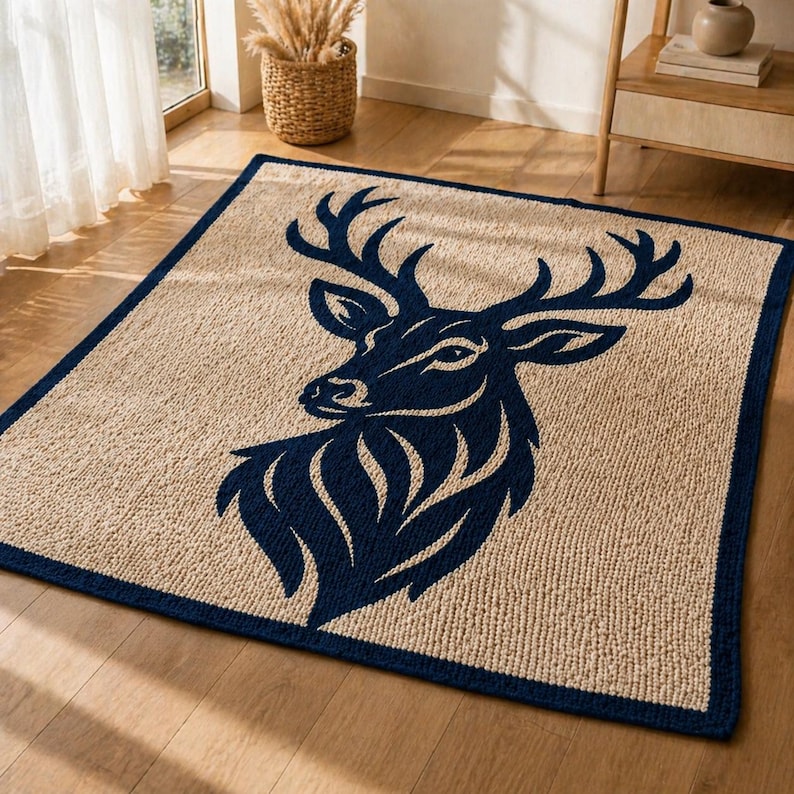 May include: A rectangular rug with a tan background and a navy blue deer head design. The deer has large antlers and a detailed face. The rug has a navy blue border, and is made of a woven material.
