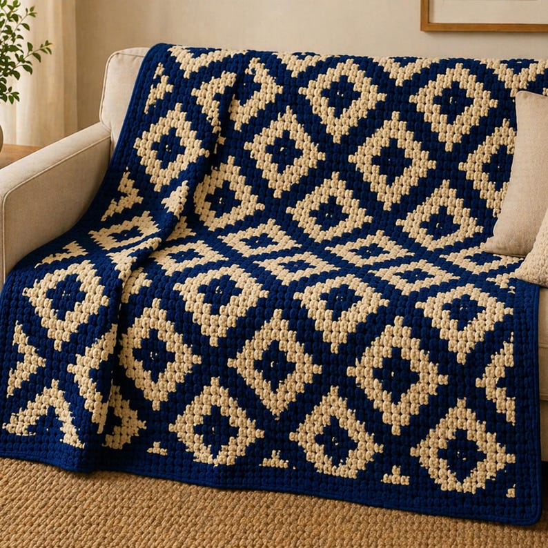 May include: A navy blue and cream-coloured crocheted blanket with a geometric diamond pattern. The blanket is draped over a beige sofa, showcasing its intricate design and texture. The colour scheme creates a cosy and inviting aesthetic.