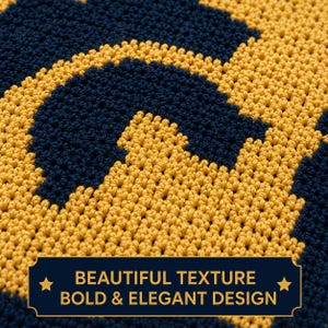 May include: Close-up of a textured, crocheted fabric in navy blue and gold. The design features a repeating pattern of curved shapes. The text on the bottom reads "BEAUTIFUL TEXTURE BOLD & ELEGANT DESIGN".