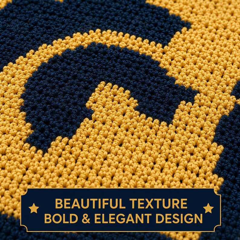 May include: Close-up of a textured, crocheted fabric in navy blue and gold. The design features a repeating pattern of curved shapes. The text on the bottom reads "BEAUTIFUL TEXTURE BOLD & ELEGANT DESIGN".