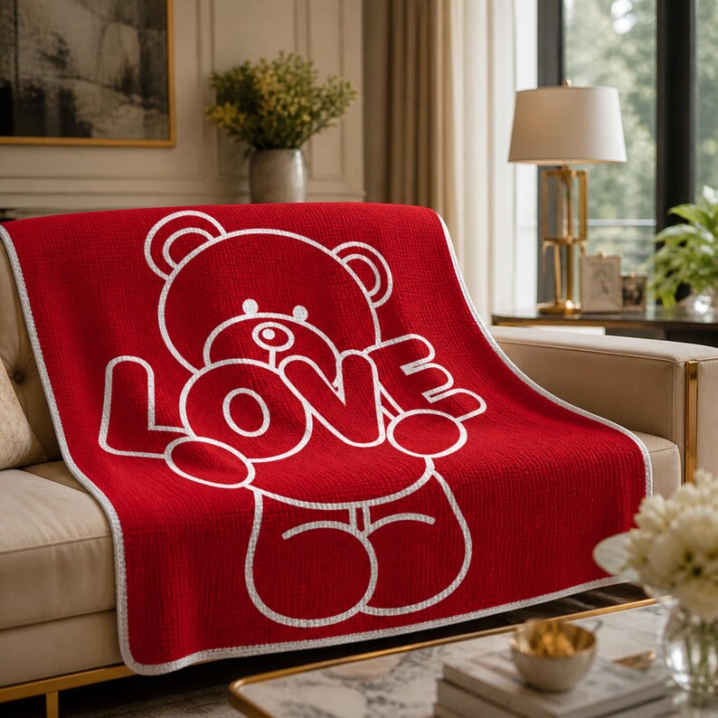 May include: A red throw blanket with a white outline of a teddy bear holding the word "LOVE". The blanket has a white border and is draped over a beige sofa. The design is simple and modern.