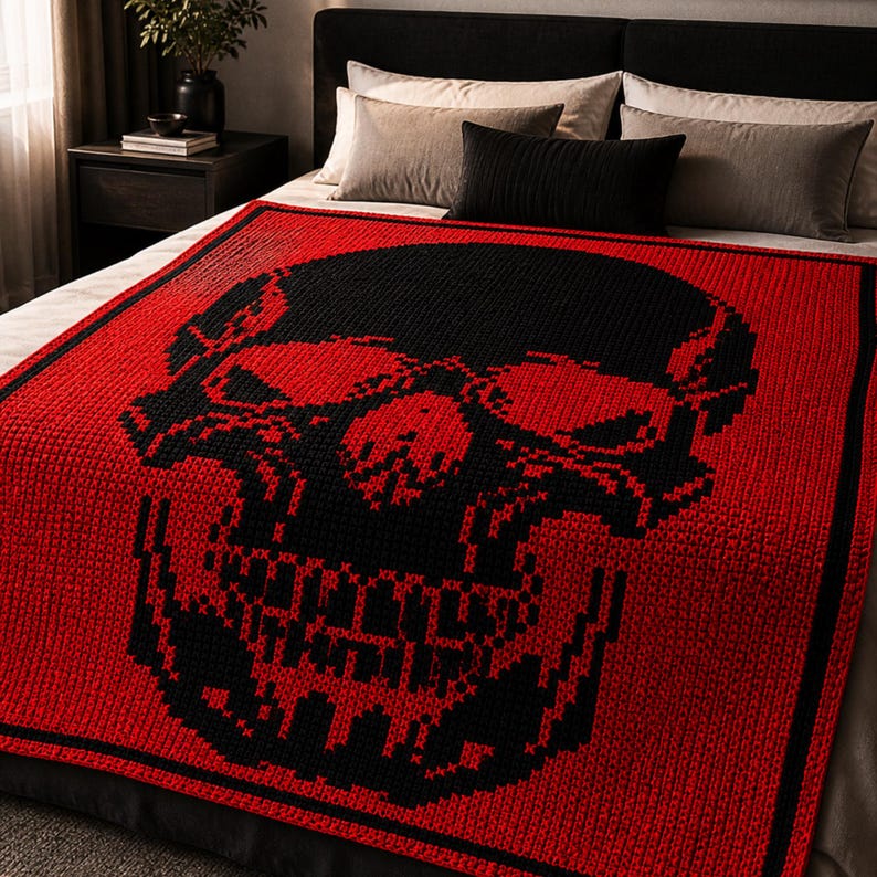 Puede incluir: Una manta roja y negra tejida a ganchillo con un dise&ntilde;o de calavera. La calavera es negra sobre un fondo rojo. La manta es rectangular y parece estar hecha de hilo suave.