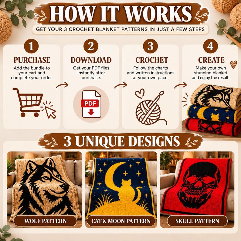 May include: An instructional graphic titled HOW IT WORKS detailing a 4-step process to purchase, download, crochet, and create 3 blanket patterns. It displays three finished blankets featuring a wolf, a cat with a moon, and a skull design.
