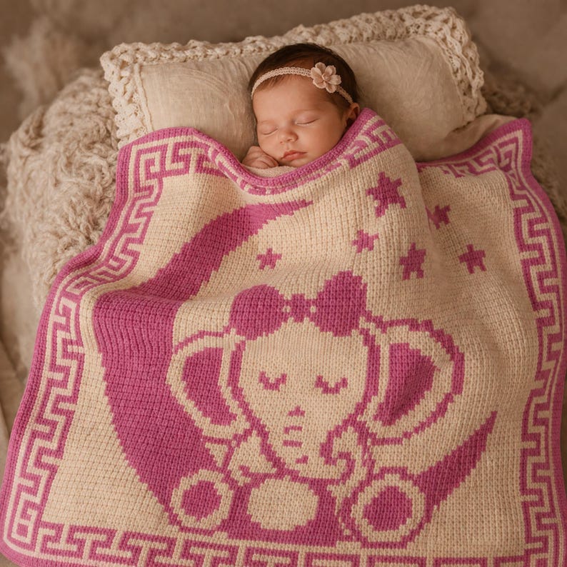 May include: A sleeping baby wrapped in a pink and cream-colored knitted blanket. The blanket features a pink elephant design with a bow, stars, and a Greek key border. The baby wears a floral headband.