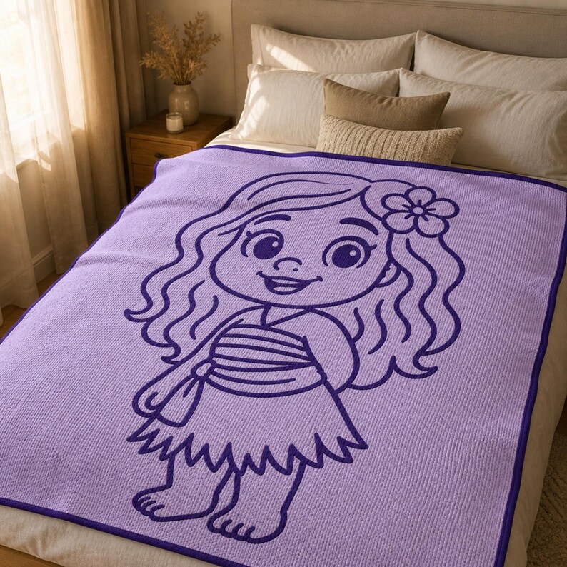 May include: A lavender throw blanket featuring a cartoon illustration of a girl with long wavy hair and a flower in her hair. The blanket has a dark purple border and is made of a soft, textured material. The illustration is in dark purple.