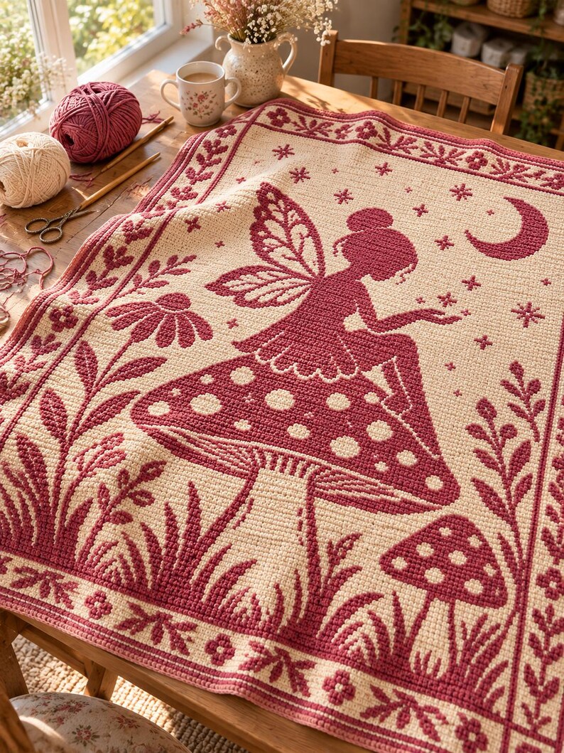 May include: A cream-colored crochet blanket featuring a dark red pattern of a fairy sitting on a large mushroom, surrounded by smaller mushrooms, flowers, and a crescent moon. The blanket has a decorative border with floral and leaf motifs.