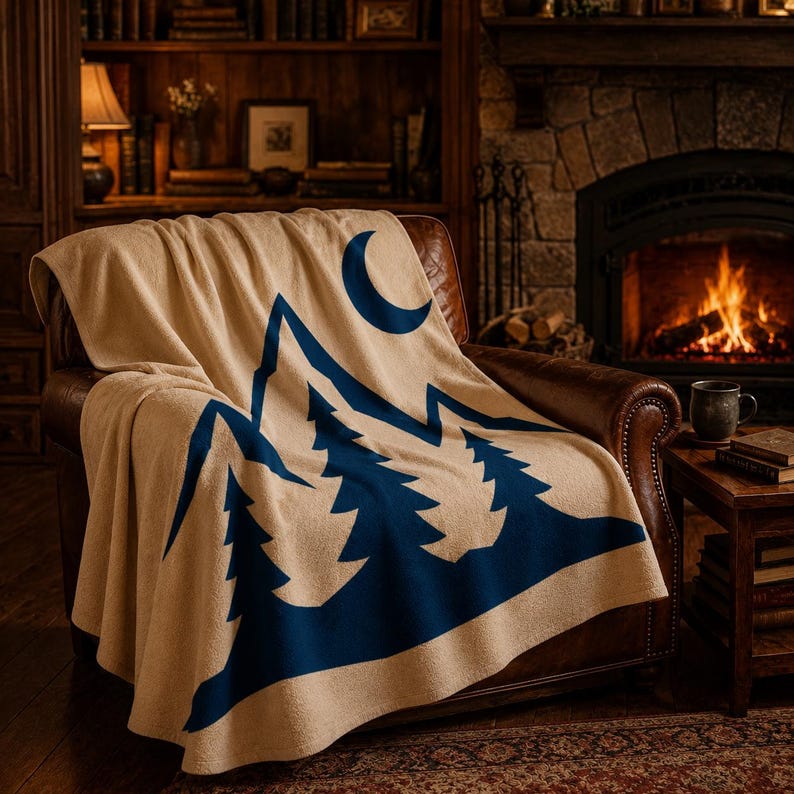 May include: A beige throw blanket draped over a brown leather armchair. The blanket features a dark blue graphic print of a mountain range with pine trees and a crescent moon positioned above the peaks, creating a high-contrast visual design.