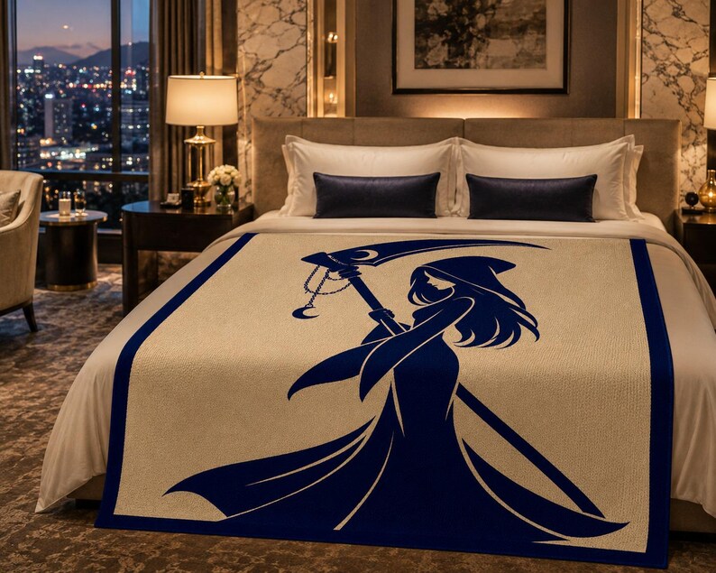 May include: A cream-coloured bed blanket featuring a dark blue border and a large, centred graphic of a hooded figure holding a scythe. The figure has long hair and is depicted in a silhouette style, with a crescent moon detail on the scythe blade.