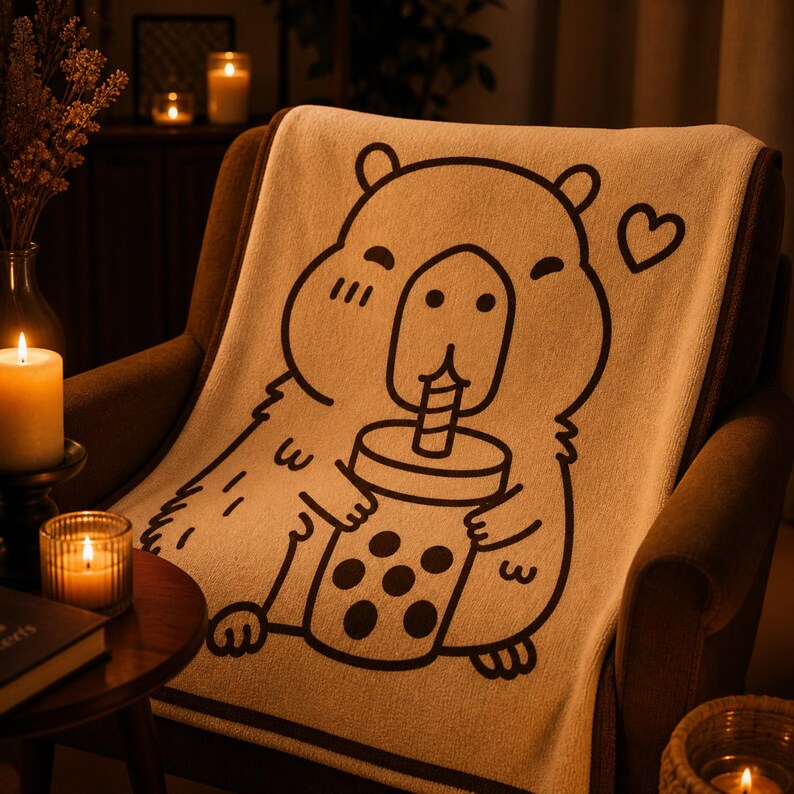 May include: A beige throw blanket draped over a brown armchair. The blanket features a large cartoon bear drinking a bubble tea, outlined in brown. A brown border frames the blanket. The background includes lit candles and a vase of dried flowers.