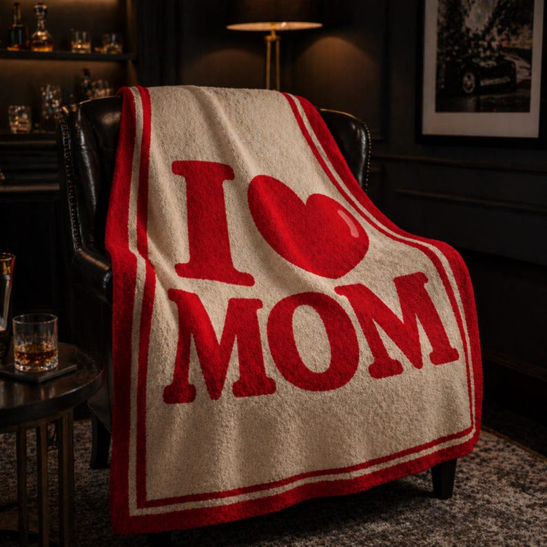 May include: A cream-colored blanket with a red border and the words "I ❤️ MOM" in large red letters. The blanket is draped over a black leather armchair, creating a cozy and inviting scene. The heart symbol replaces the word "love".