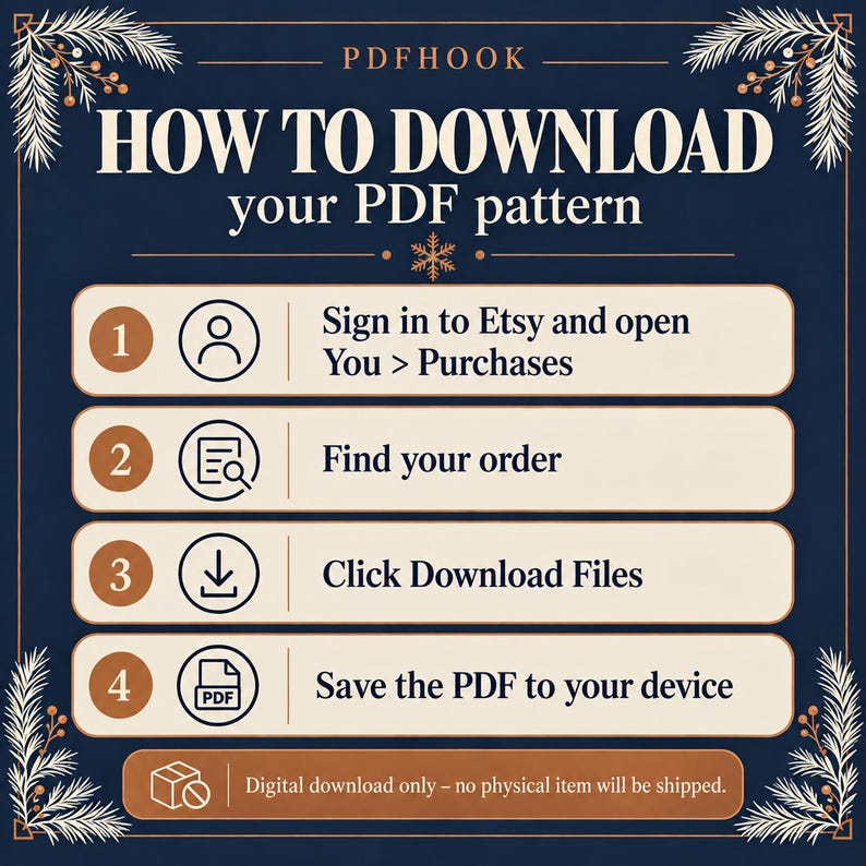 May include: A dark blue instructional graphic titled HOW TO DOWNLOAD your PDF pattern with four numbered steps. Each step features a circular icon and text explaining the process to access digital files from an Etsy account.