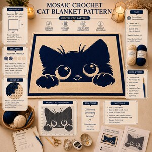 May include: A digital PDF pattern for a mosaic crochet cat blanket. The finished size is approximately 36 x 36 inches. The pattern includes step-by-step instructions and is beginner-friendly. The design features a navy blue cat on a cream background.