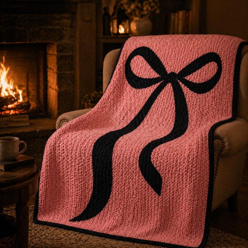 Pu&ograve; includere: Una coperta lavorata a maglia color corallo con un grande disegno a fiocco nero. La coperta &egrave; drappeggiata su una poltrona beige davanti a un camino. Il contorno del fiocco e il bordo della coperta sono neri.