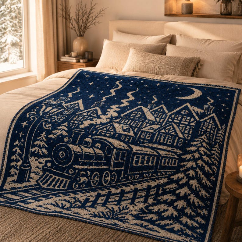 May include: A navy blue and cream woven throw blanket featuring a detailed winter scene with a steam locomotive train traveling past houses, pine trees, a street lamp, and a crescent moon in a starry night sky, finished with a decorative border.
