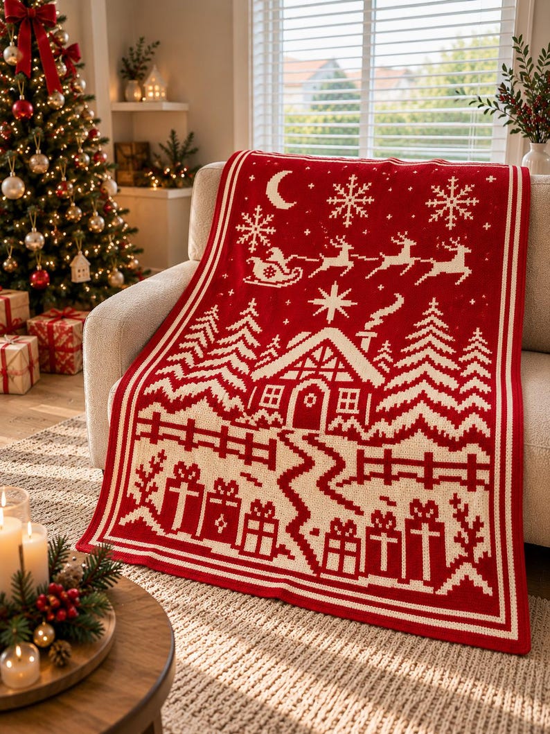 May include: A rectangular knit throw blanket featuring a red and cream holiday pattern. The design displays a winter scene with a cabin, pine trees, a fence, wrapped gifts, a crescent moon, snowflakes, and a sleigh pulled by reindeer.