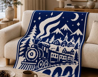 Steam Train Winter Village Overlay Mosaic Crochet Blanket Pattern PDF | Christmas Train Afghan | Written Rows & Chart | Digital Book