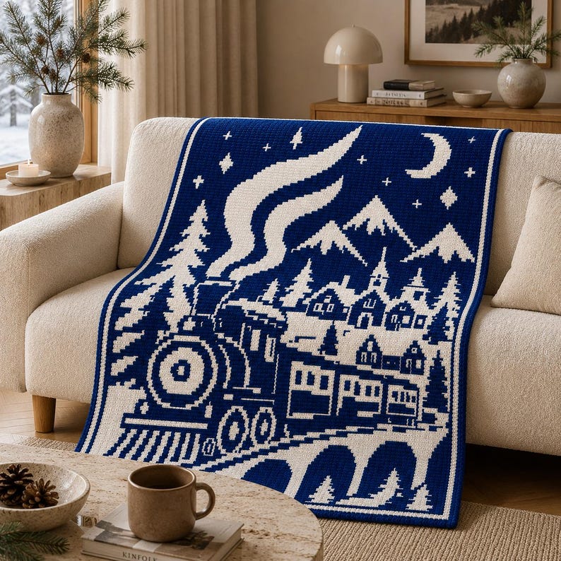 Steam train winter village Christmas overlay mosaic crochet blanket pattern
