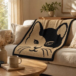 May include: A tan and black crochet blanket featuring a cat face design. The blanket is draped over a beige sofa. The cat's face is split, with one side tan and the other black. The blanket has a black border.