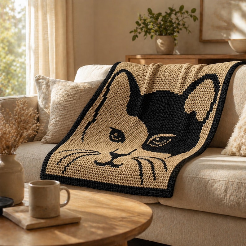 May include: A tan and black crochet blanket featuring a cat face design. The blanket is draped over a beige sofa. The cat's face is split, with one side tan and the other black. The blanket has a black border.