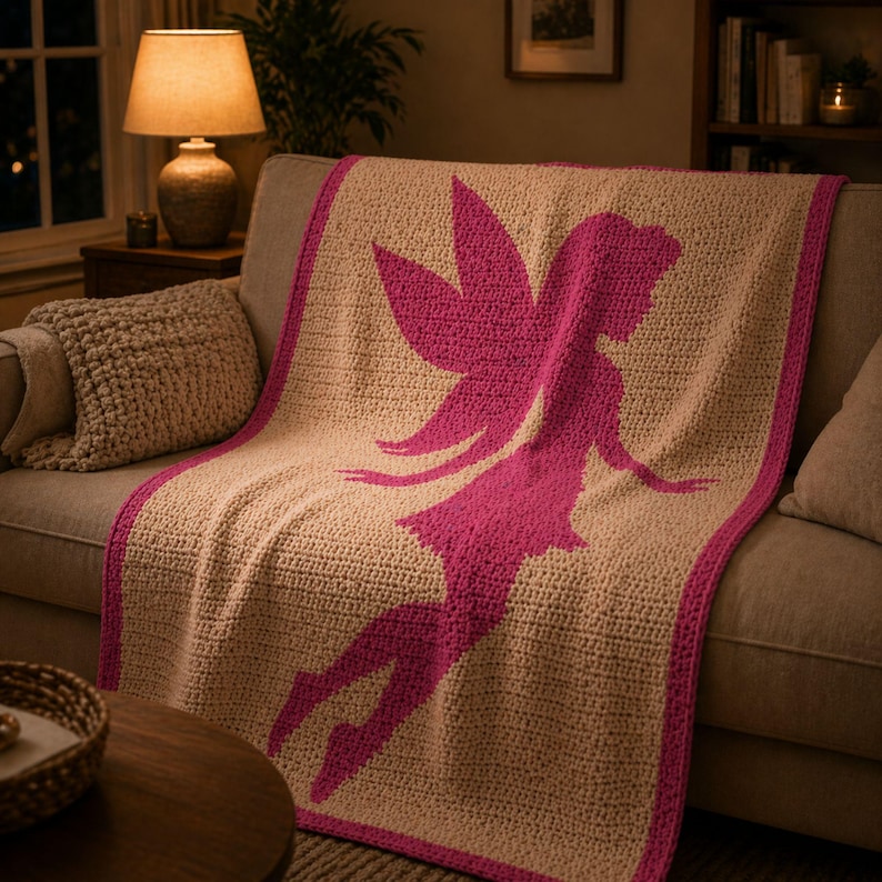 May include: A beige crocheted blanket with a magenta fairy silhouette. The blanket has a magenta border and is draped over a sofa. The room is dimly lit with a lamp and a side table.