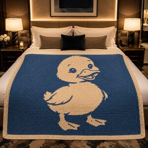 May include: A blue and cream-colored crochet blanket featuring a large, smiling duck design. The blanket has a solid blue center with a cream-colored duck and a cream border. The blanket is placed on a bed with white linens.