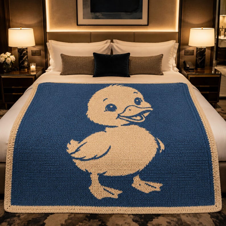 May include: A blue and cream-colored crochet blanket featuring a large, smiling duck design. The blanket has a solid blue center with a cream-colored duck and a cream border. The blanket is placed on a bed with white linens.