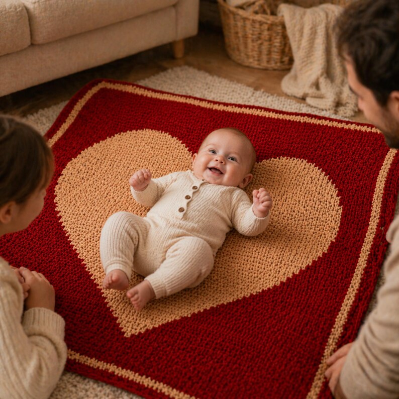 May include: A baby in a cream-coloured onesie lies on a red and tan heart-shaped knitted blanket. The blanket is on a neutral-coloured rug. Two adults are looking at the baby.