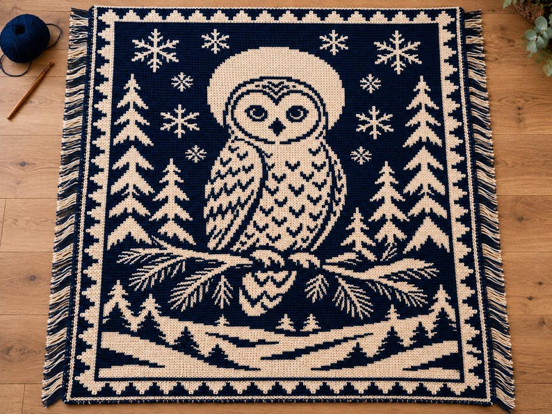 May include: A rectangular woven throw blanket featuring a dark navy blue and cream color scheme. The design displays a central owl perched on a pine branch, surrounded by pine trees and snowflakes, finished with a fringed edge on all sides.