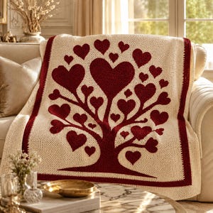 May include: A cream-colored throw blanket with a burgundy heart tree design. The blanket features a repeating pattern of hearts on the tree branches and a burgundy border. The blanket is draped over a beige sofa.