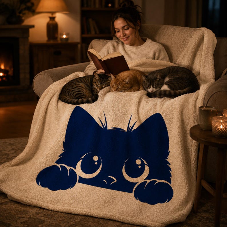 May include: A cozy cream-colored throw blanket with a navy blue cat face design. The blanket is draped over a chair, with three cats resting on it. A person is sitting in the chair, reading a book.