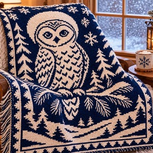 May include: A navy blue and cream-colored knit throw blanket featuring a large owl perched on a pine branch, surrounded by pine trees and snowflakes. The blanket has a decorative border and fringe along the bottom edge, showcasing a winter theme.