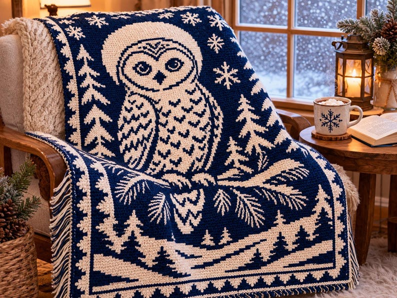 May include: A navy blue and cream-colored knit throw blanket featuring a large owl perched on a pine branch, surrounded by pine trees and snowflakes. The blanket has a decorative border and fringe along the bottom edge, showcasing a winter theme.