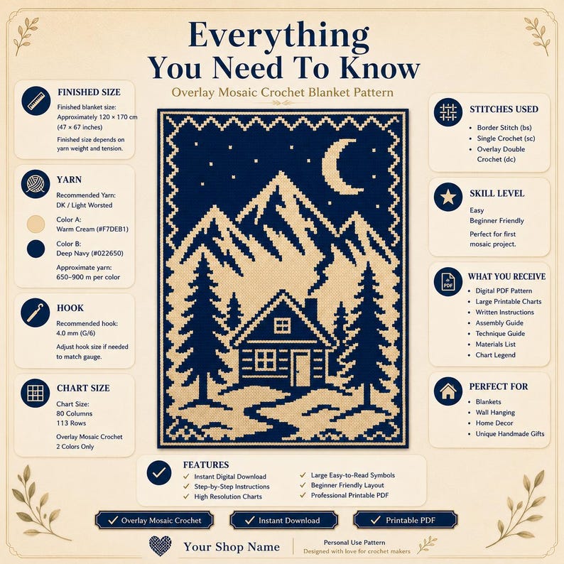 May include: An overlay mosaic crochet blanket pattern featuring a cabin, pine trees, mountains, and a crescent moon in deep navy and warm cream. The infographic includes finished size 120 x 170 cm, yarn requirements, hook size 4.0 mm, and chart details.