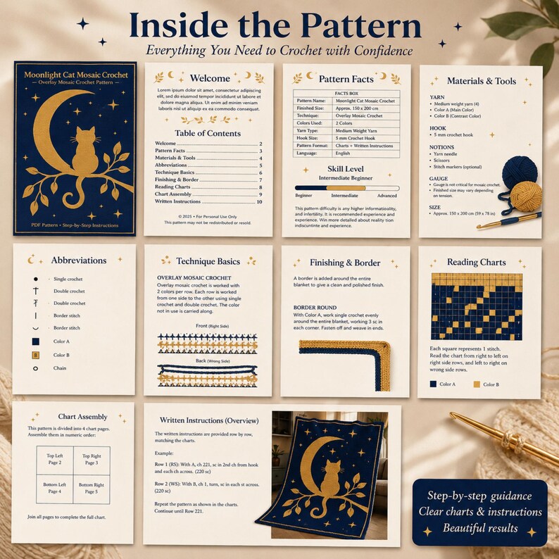 May include: A crochet pattern guide titled "Inside the Pattern" with detailed instructions. The guide features a navy blue and gold color scheme, with a crescent moon and cat design. Includes charts, abbreviations, and step-by-step guidance for a mosaic crochet project.