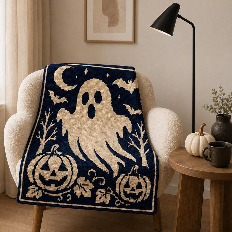 May include: A dark navy blue and cream knit throw blanket featuring a large central ghost, two jack-o'-lantern pumpkins, bare trees, bats, and a crescent moon. The design is rendered in a repeating pixelated pattern across the rectangular fabric.