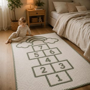 May include: An off-white rectangular hopscotch rug with a green border and numbers. A green rainbow and clouds are at the top. A young child is sitting on the floor near the rug.