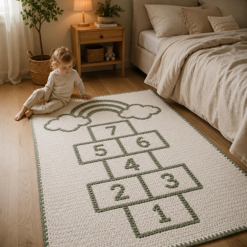 May include: An off-white rectangular hopscotch rug with a green border and numbers. A green rainbow and clouds are at the top. A young child is sitting on the floor near the rug.