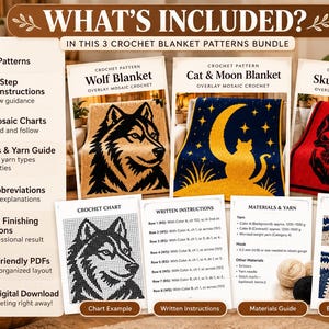 May include: A digital bundle of three crochet blanket patterns featuring a wolf, a cat with a moon, and a skull. The set includes PDF documents with written instructions, large mosaic charts, materials and yarn guides, stitch abbreviations, and border finishing steps.